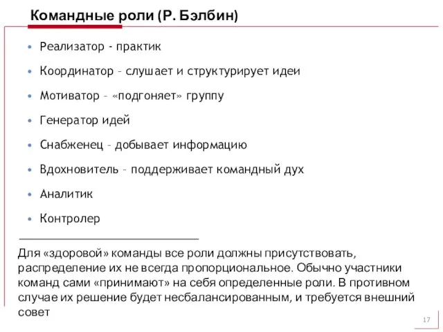 Командные роли (Р. Бэлбин) Реализатор - практик Координатор – слушает и структурирует