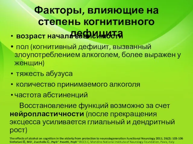 Факторы, влияющие на степень когнитивного дефицита возраст начала зависимости пол (когнитивный дефицит,