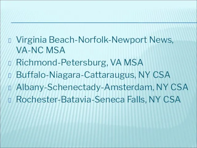 Virginia Beach-Norfolk-Newport News, VA-NC MSA Richmond-Petersburg, VA MSA Buffalo-Niagara-Cattaraugus, NY CSA Albany-Schenectady-Amsterdam,