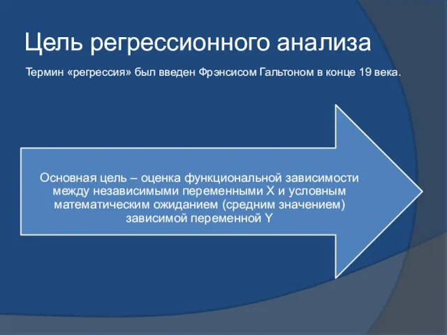 Цель регрессионного анализа Термин «регрессия» был введен Фрэнсисом Гальтоном в конце 19 века.