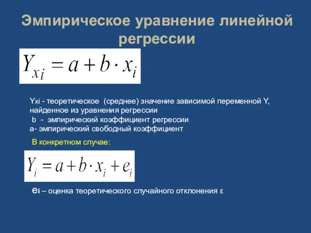 Эмпирическое уравнение линейной регрессии Yxi - теоретическое (среднее) значение зависимой переменной Y,