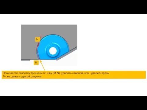 Произвести разделку трещины по шву (M-N), удалить сварной шов , удалить грязь.