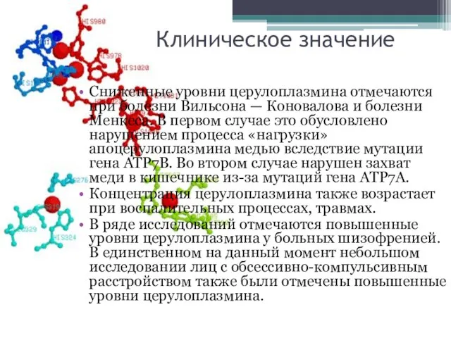 Клиническое значение Сниженные уровни церулоплазмина отмечаются при болезни Вильсона — Коновалова и