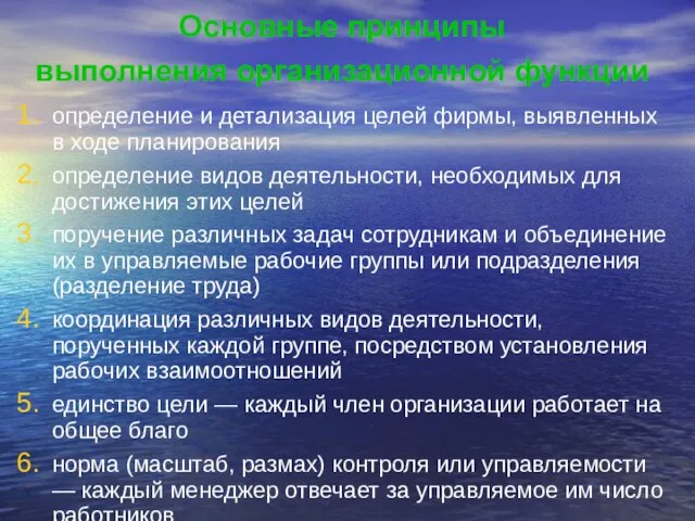 Основные принципы выполнения организационной функции определение и детализация целей фирмы, выявленных в