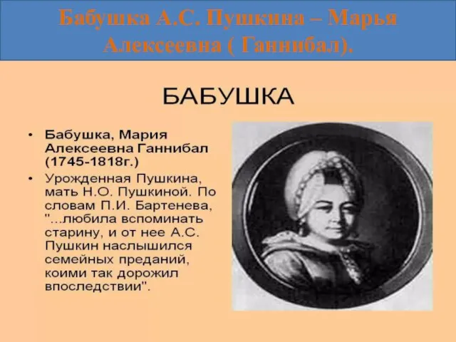 Бабушка А.С. Пушкина – Марья Алексеевна ( Ганнибал).