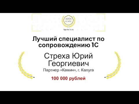 Лучший специалист по сопровождению 1С Стреха Юрий Георгиевич Партнер «Камин», г. Калуга 100 000 рублей
