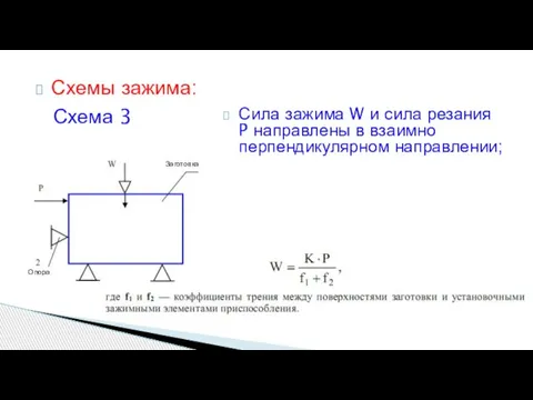 Схемы зажима: Схема 3 Сила зажима W и сила резания P направлены