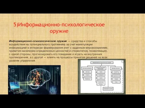 5)Информационно-психологическое оружие Информационно-психологическое оружие — средства и способы воздействия на потенциального противника