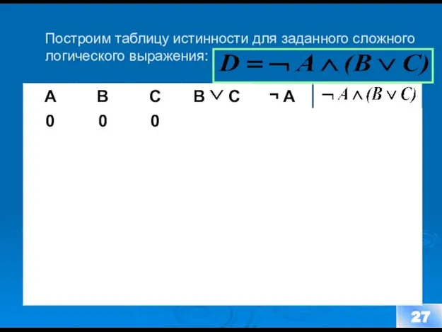 Построим таблицу истинности для заданного сложного логического выражения: 27