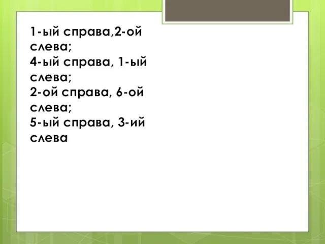 1-ый справа,2-ой слева; 4-ый справа, 1-ый слева; 2-ой справа, 6-ой слева; 5-ый справа, 3-ий слева