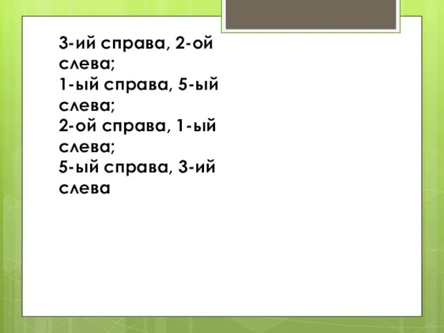 3-ий справа, 2-ой слева; 1-ый справа, 5-ый слева; 2-ой справа, 1-ый слева; 5-ый справа, 3-ий слева