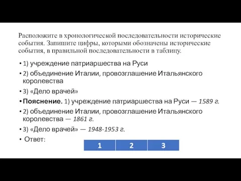 Расположите в хронологической последовательности исторические события. Запишите цифры, которыми обозначены исторические события,