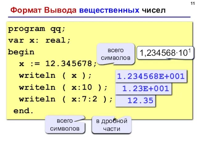 Формат Вывода вещественных чисел program qq; var x: real; begin x :=