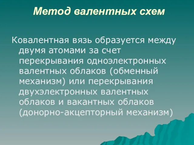 Метод валентных схем Ковалентная вязь образуется между двумя атомами за счет перекрывания