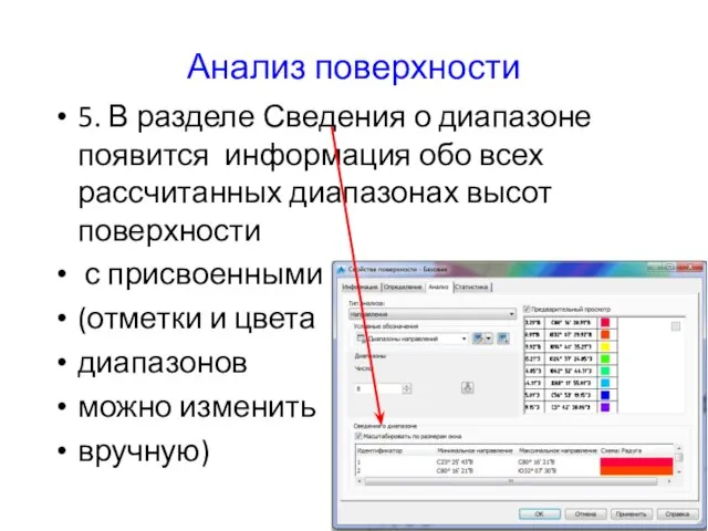 Анализ поверхности 5. В разделе Сведения о диапазоне появится информация обо всех