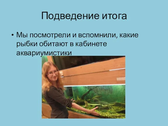 Подведение итога Мы посмотрели и вспомнили, какие рыбки обитают в кабинете аквариумистики