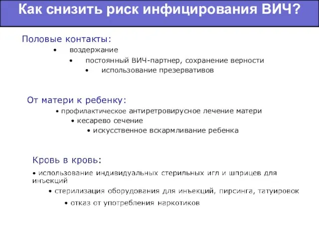 Как снизить риск инфицирования ВИЧ? Половые контакты: воздержание постоянный ВИЧ-партнер, сохранение верности