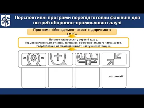 Перспективні програми перепідготовки фахівців для потреб оборонно-промислової галузі Програма «Менеджмент якості підприємств