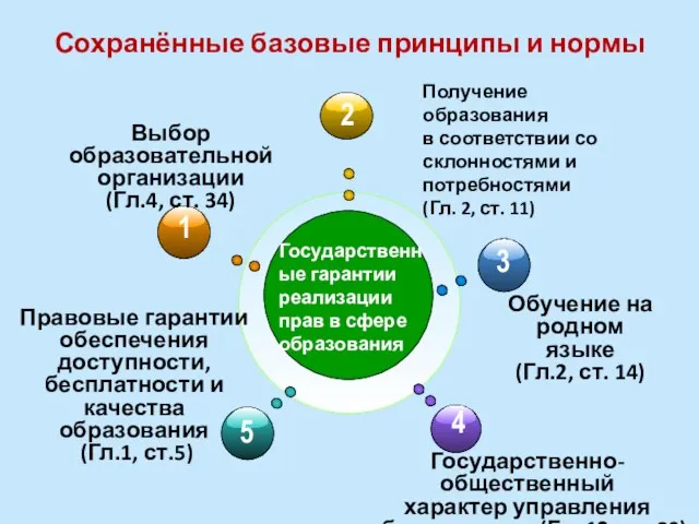 Сохранённые базовые принципы и нормы Гос. гарантии реализации прав в сфере образования