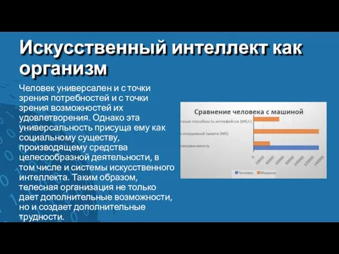 Искусственный интеллект как организм Человек универсален и с точки зрения потребностей и