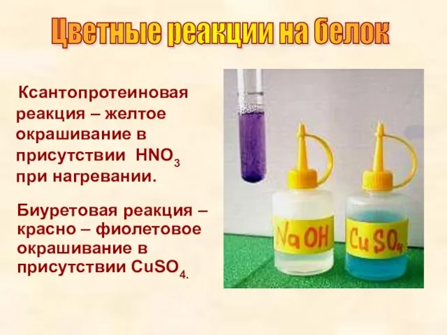 Ксантопротеиновая реакция – желтое окрашивание в присутствии НNO3 при нагревании. Биуретовая реакция