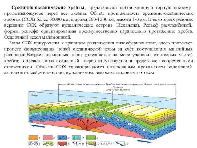 Срединно-океанические хребты, представляют собой мощную горную систему, протягивающуюся через все океаны. Общая