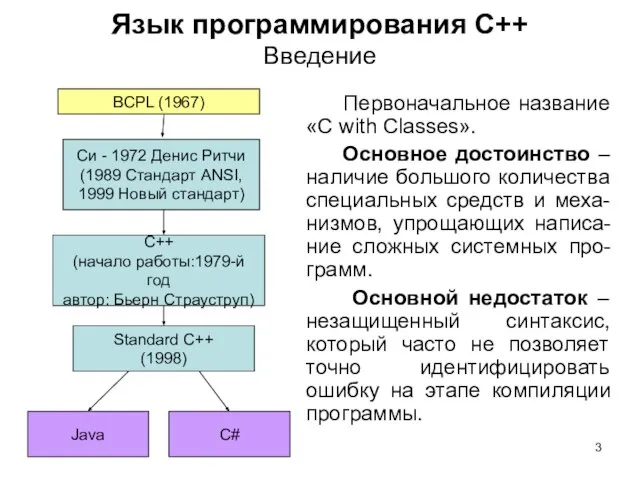 Язык программирования C++ Введение Первоначальное название «С with Classes». Основное достоинство –