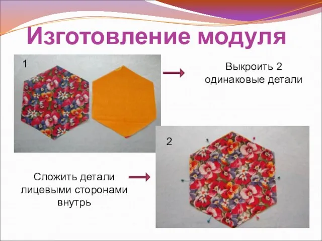 Изготовление модуля Выкроить 2 одинаковые детали Сложить детали лицевыми сторонами внутрь