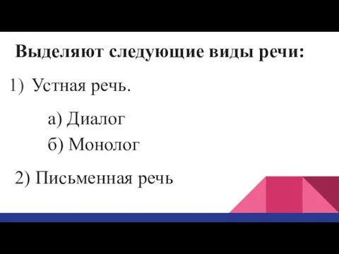 Выделяют следующие виды речи: Устная речь. а) Диалог б) Монолог 2) Письменная речь