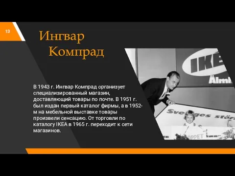 Ингвар Компрад В 1943 г. Ингвар Компрад организует специализированный магазин, доставляющий товары