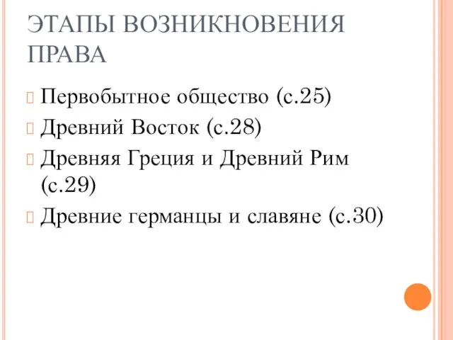 ЭТАПЫ ВОЗНИКНОВЕНИЯ ПРАВА Первобытное общество (с.25) Древний Восток (с.28) Древняя Греция и