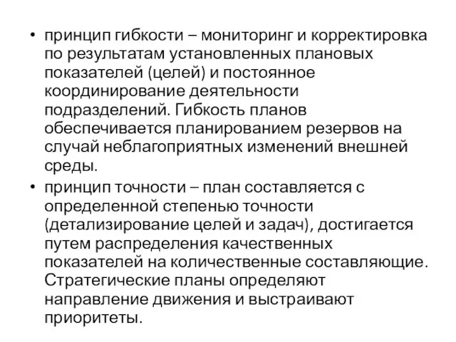 принцип гибкости – мониторинг и корректировка по результатам установленных плановых показателей (целей)