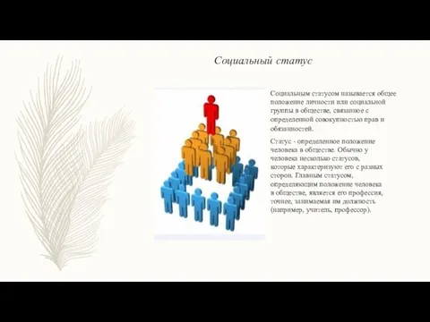 Социальный статус Социальным статусом называется общее положение личности или социальной группы в