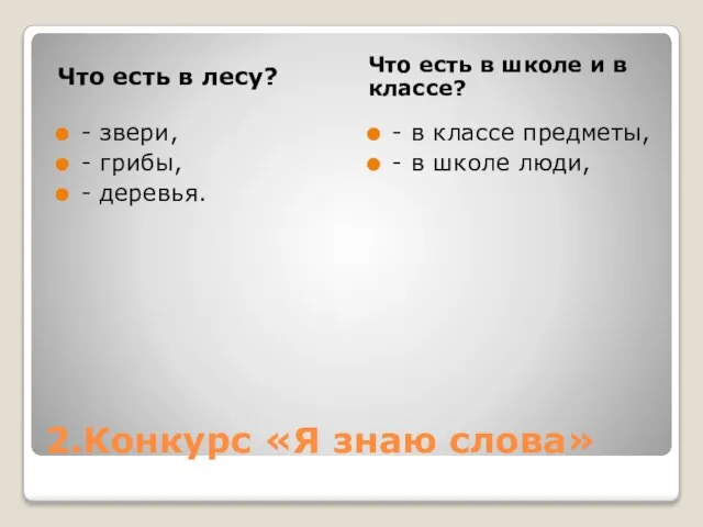 2.Конкурс «Я знаю слова» Что есть в лесу? Что есть в школе