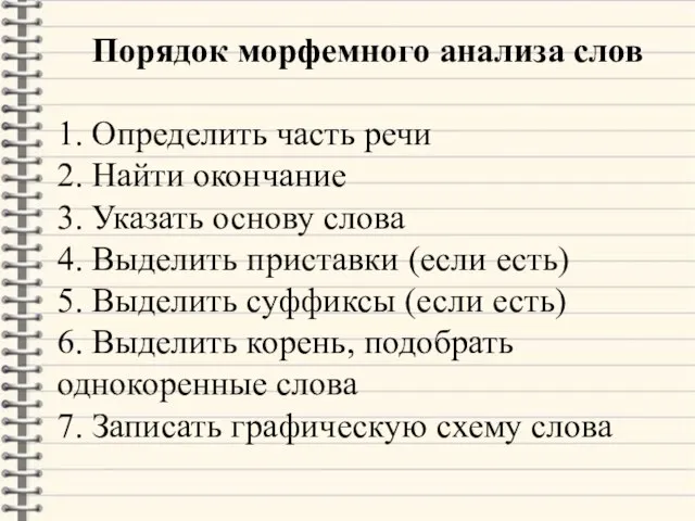 Порядок морфемного анализа слов 1. Определить часть речи 2. Найти окончание 3.