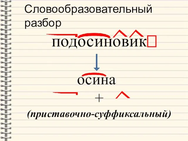 Словообразовательный разбор подосиновик осина + (приставочно-суффиксальный)