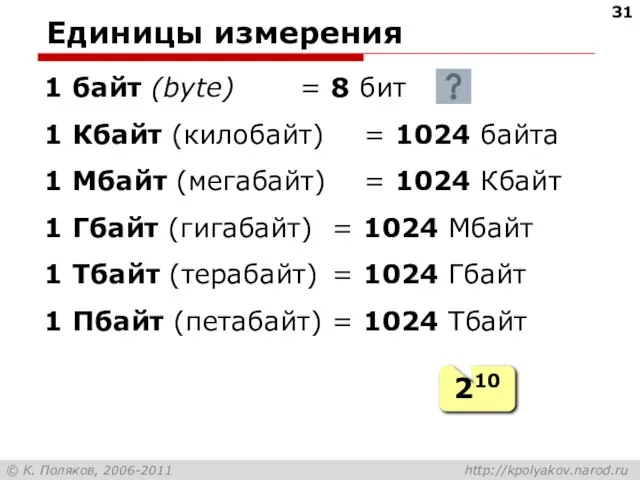 Единицы измерения 1 байт (bytе) = 8 бит 1 Кбайт (килобайт) =