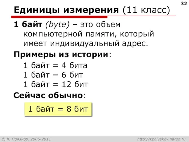 Единицы измерения (11 класс) 1 байт (bytе) – это объем компьютерной памяти,