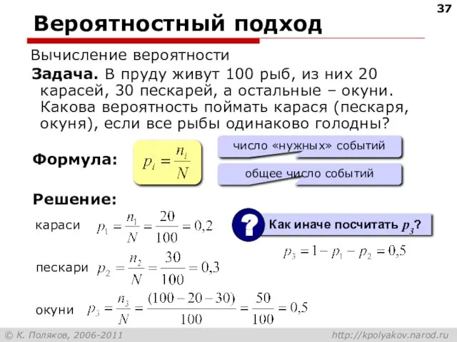 Вероятностный подход Вычисление вероятности Задача. В пруду живут 100 рыб, из них