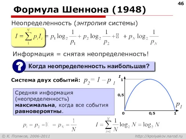 Формула Шеннона (1948) Неопределенность (энтропия системы) Система двух событий: Средняя информация (неопределенность)