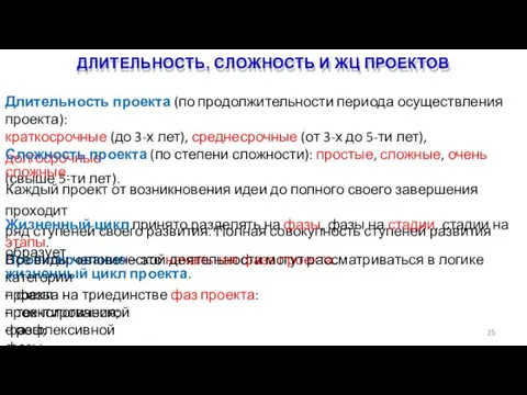 ДЛИТЕЛЬНОСТЬ, СЛОЖНОСТЬ И ЖЦ ПРОЕКТОВ 25 Длительность проекта (по продолжительности периода осуществления