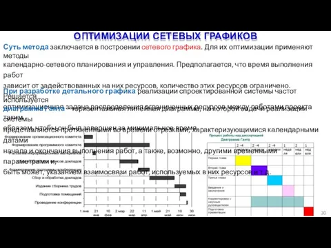 ОПТИМИЗАЦИИ СЕТЕВЫХ ГРАФИКОВ 30 Суть метода заключается в построении сетевого графика. Для