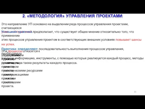 2. «МЕТОДОЛОГИЯ» УПРАВЛЕНИЯ ПРОЕКТАМИ 31 Это направление УП основано на выделении ряда