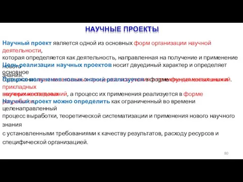 НАУЧНЫЕ ПРОЕКТЫ 80 Научный проект является одной из основных форм организации научной