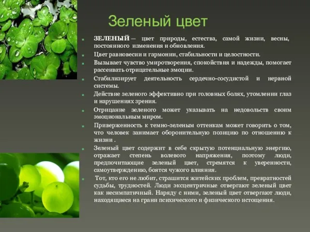 Зеленый цвет ЗЕЛЕНЫЙ — цвет природы, естества, самой жизни, весны, постоянного изменения