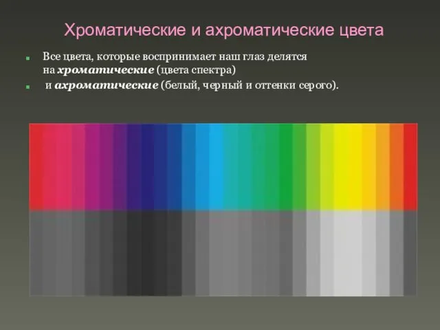 Хроматические и ахроматические цвета Все цвета, которые воспринимает наш глаз делятся на