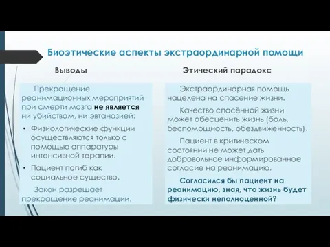 Биоэтические аспекты экстраординарной помощи Выводы Прекращение реанимационных мероприятий при смерти мозга не