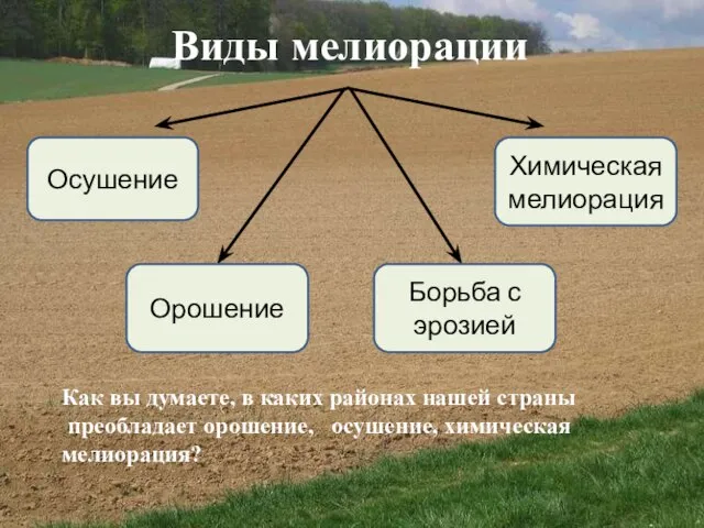 Виды мелиорации Осушение Орошение Борьба с эрозией Химическая мелиорация Как вы думаете,