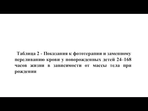 Таблица 2 - Показания к фототерапии и заменному переливанию крови у новорожденных