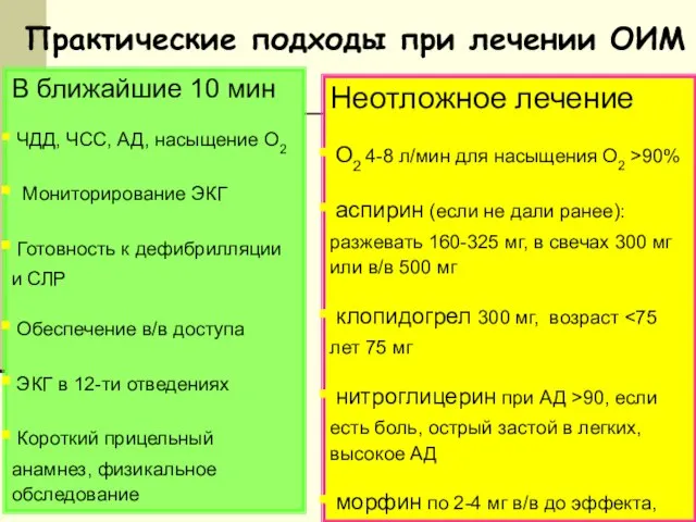 Практические подходы при лечении ОИМ В ближайшие 10 мин ЧДД, ЧСС, АД,